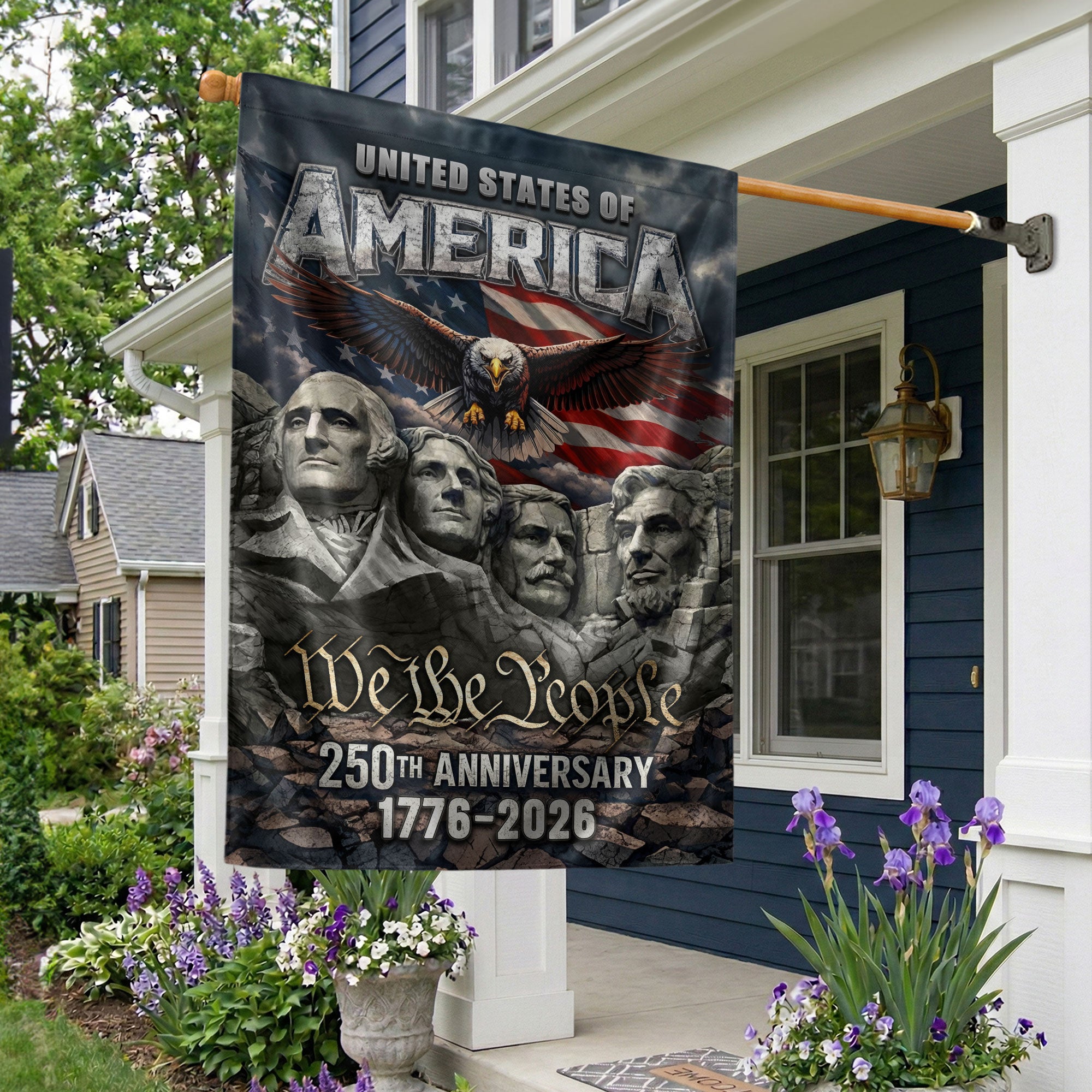 USA 250th Anniversary House Flag 1776-2026 with American Flag Eagle Mount Rushmore We The People Double-Sided Outdoor Yard Decor
