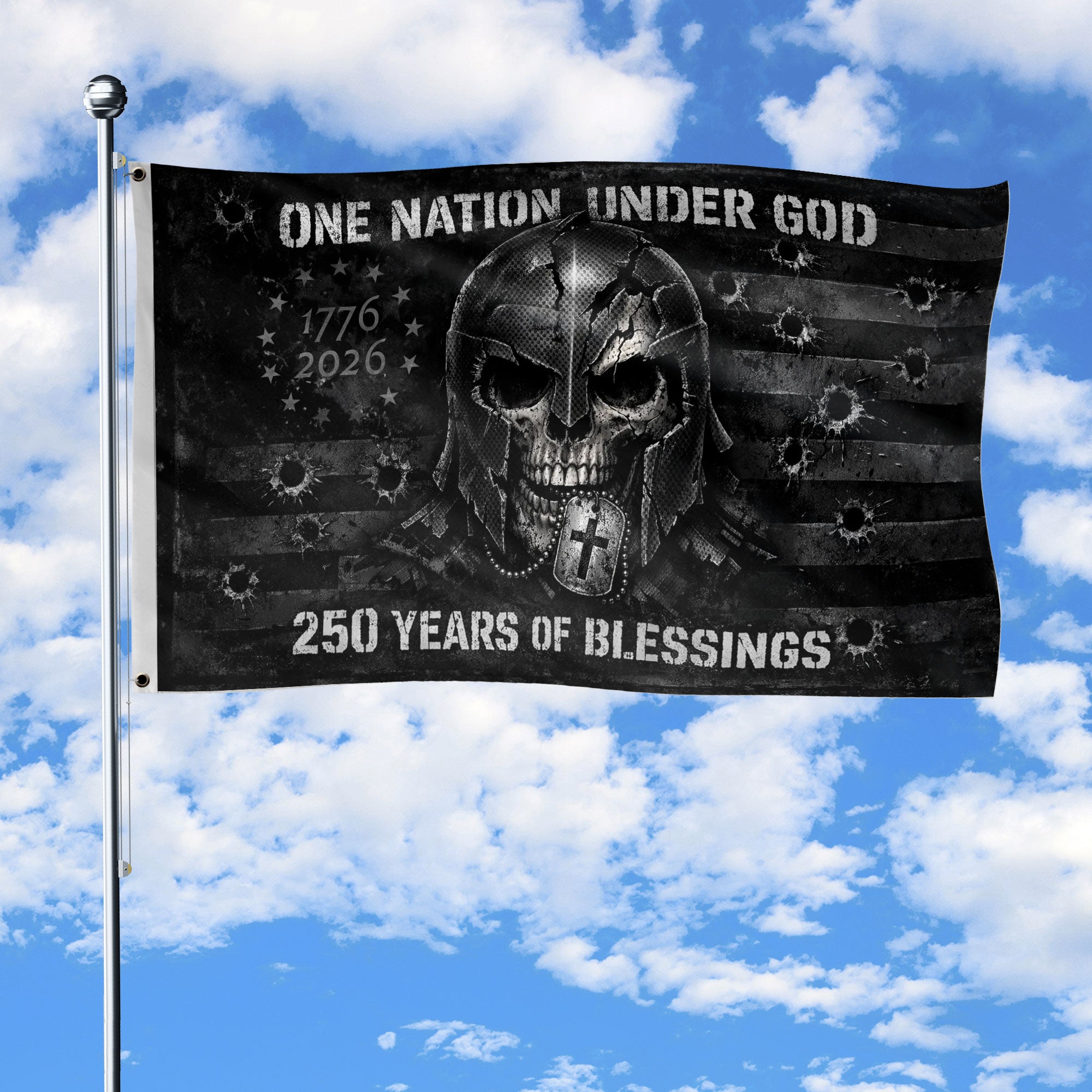 USA 250th Anniversary Tactical Skull Flag 1776-2026 One Nation Under God Patriotic Banner