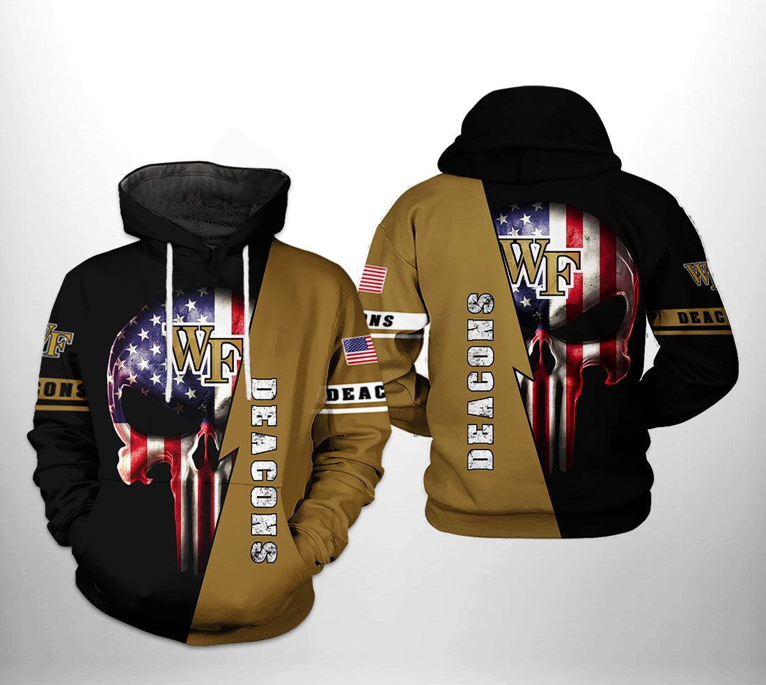 Wake Forest Demon Deacons NCAA US Flag Skull Hoodie Zip Hoodie