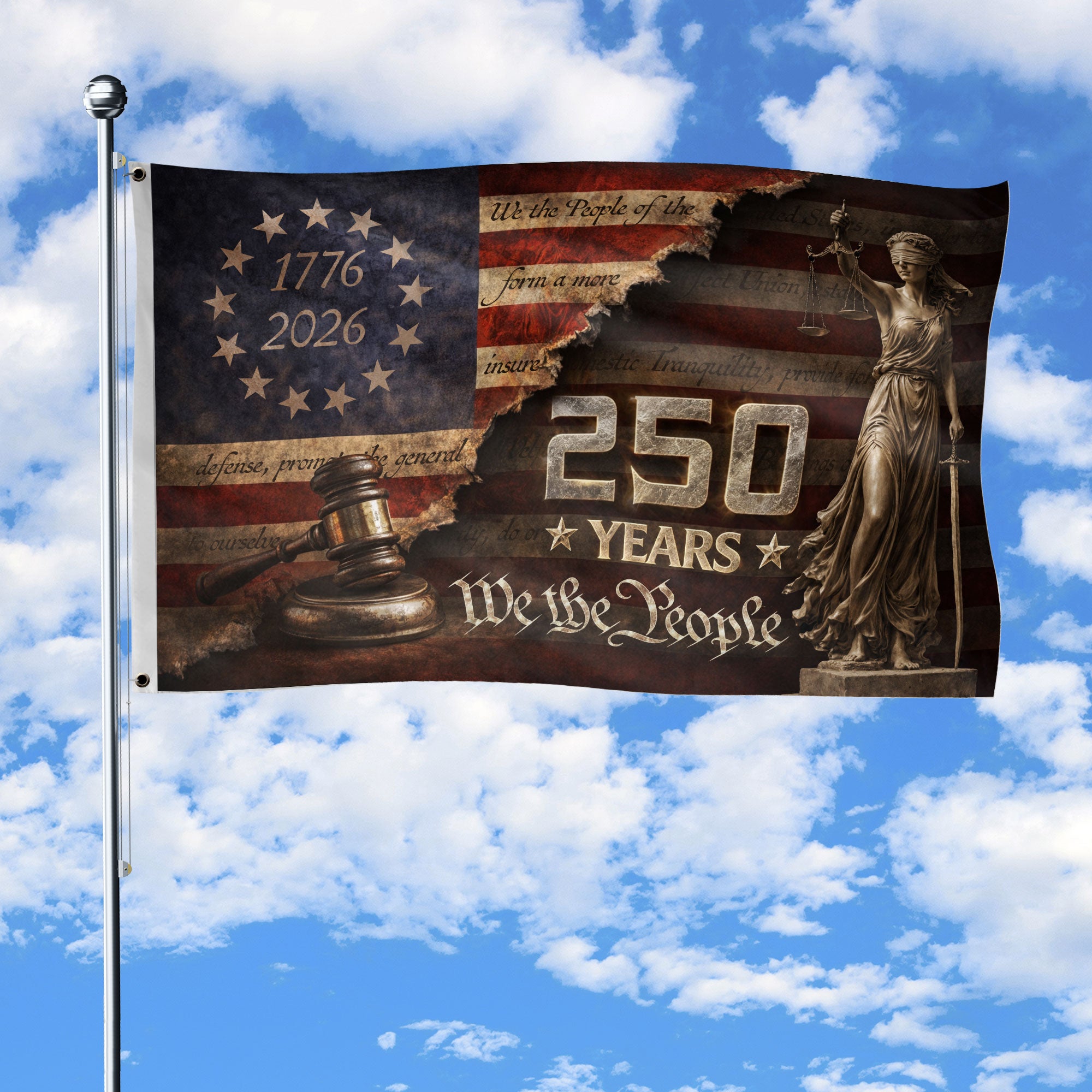 We The People 250 Years Patriotic Lady Justice House Flag 1776-2026