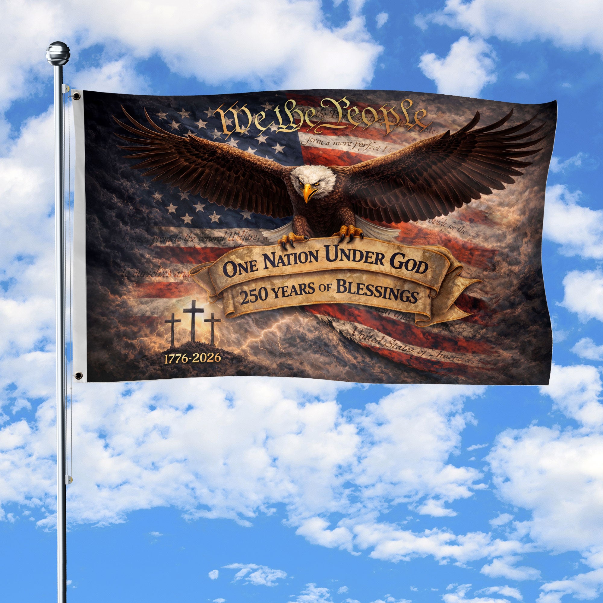 We The People One Nation Under God Patriotic Eagle House Flag 250th USA Anniversary