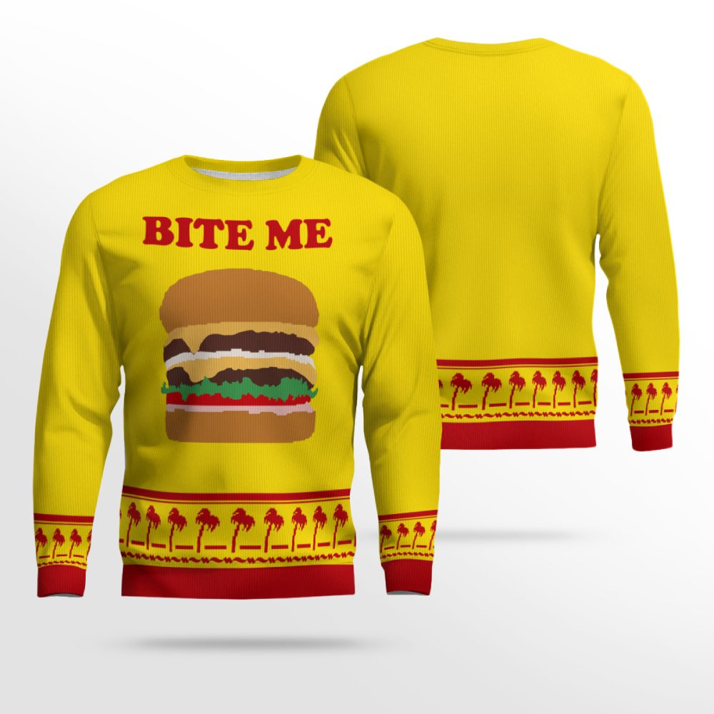 Burger Bite Me Sticker 1970 Ugly Christmas Sweater Golden Yellow