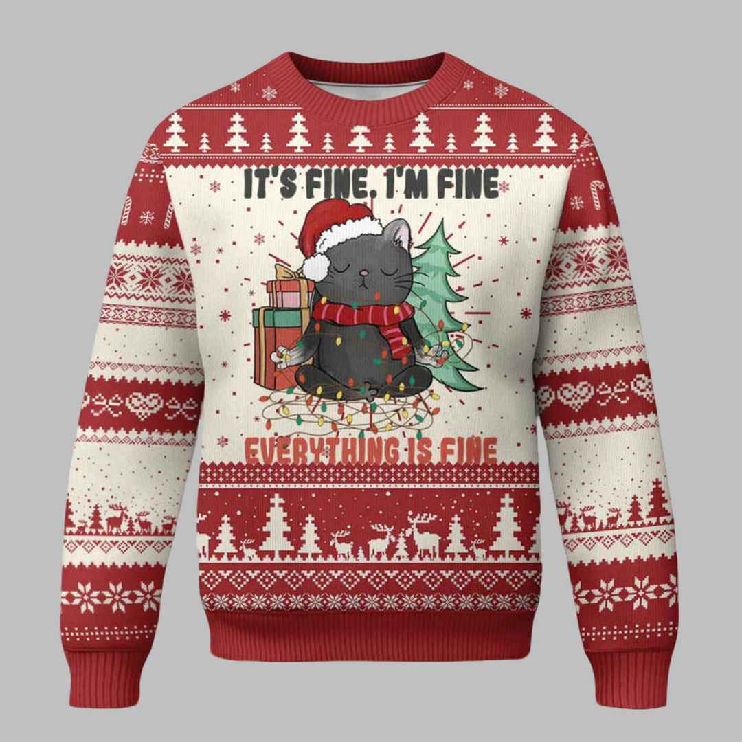 Christmas Black Cat Its Fine Im Fine Everything Is Fine Ugly Christmas Sweater