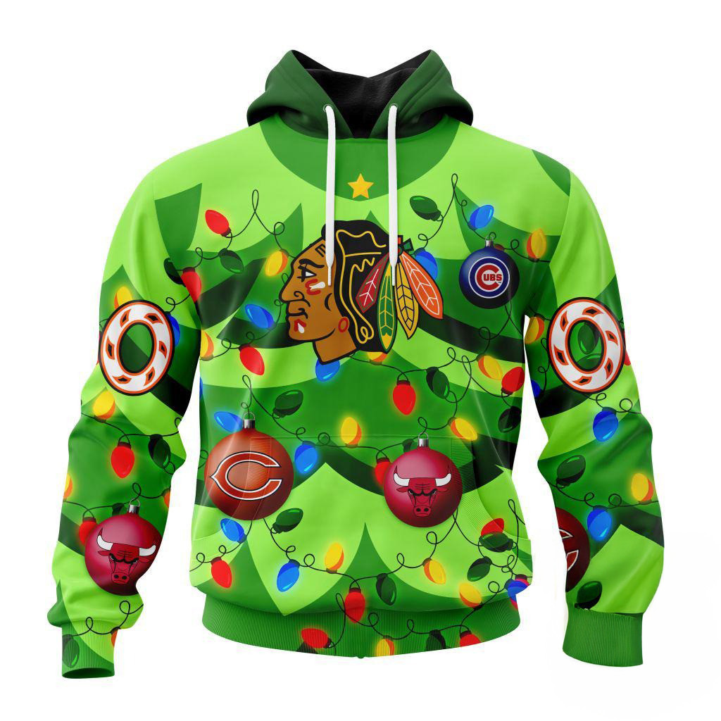 Custom NHL Chicago BlackHawks Specialized Christmas Tree Color And Citys Sports Teams Hoodie