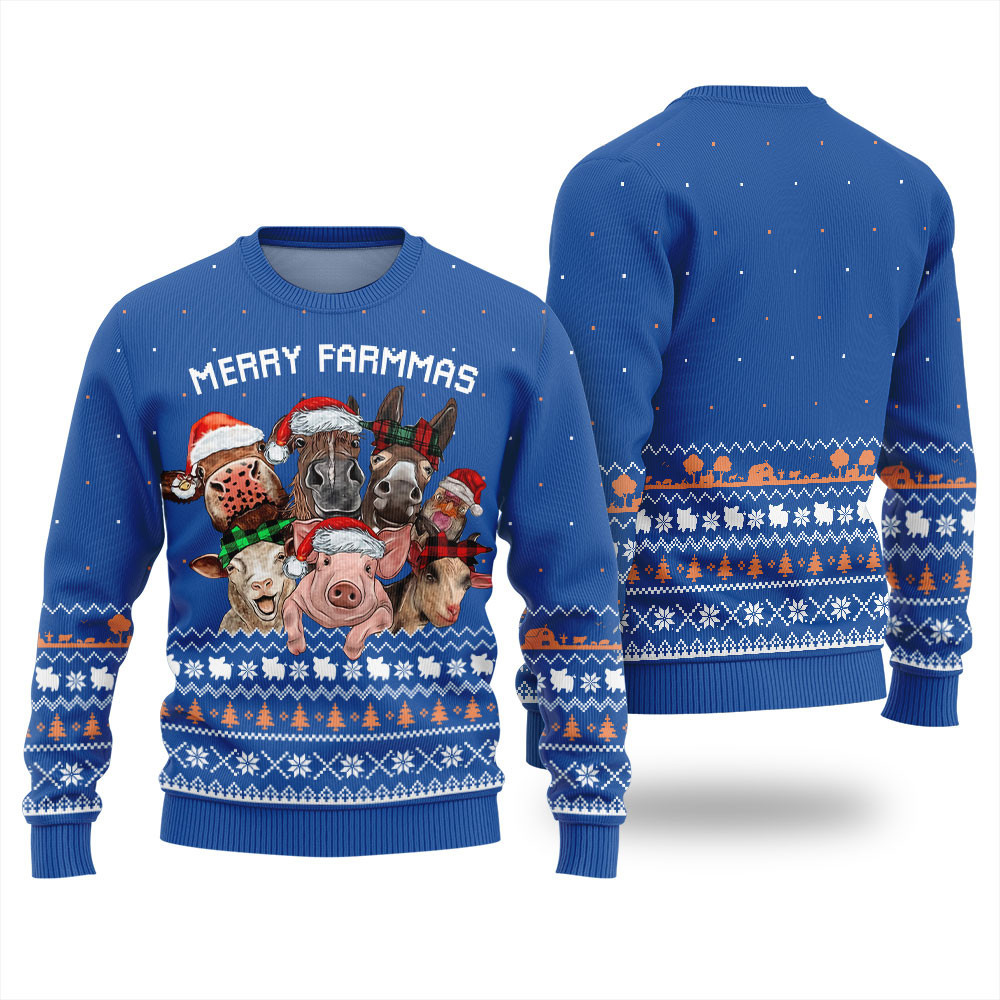 Funny Merry Farmmas Ugly Christmas Sweater Blue