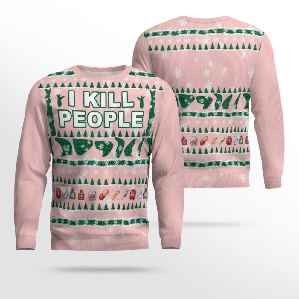 I Kill People Ugly Christmas Sweater Powder Pink