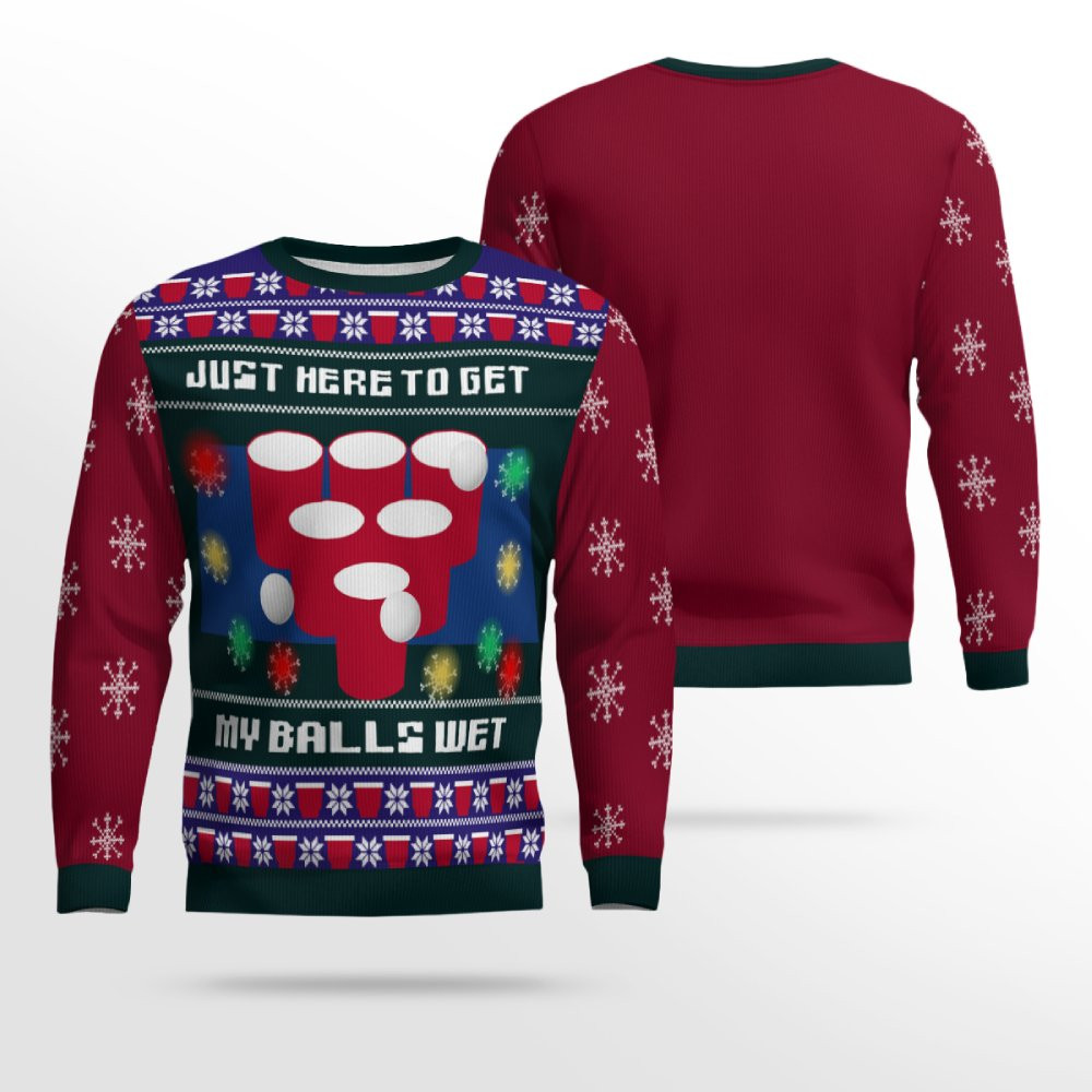 Just Here to Get My Balls Wet Beer Pong Ugly Christmas Sweater Burgundy