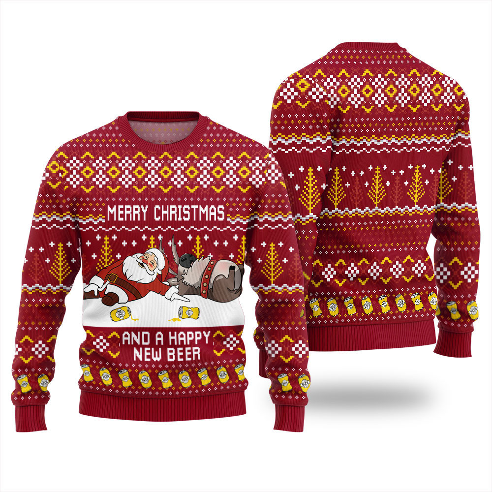 Merry Beermas and a Happy New Beer Ugly Christmas Sweater Red