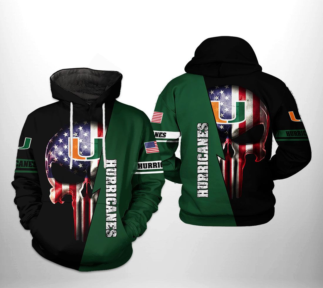 Miami Hurricanes NCAA US Flag Skull Hoodie Version 1726