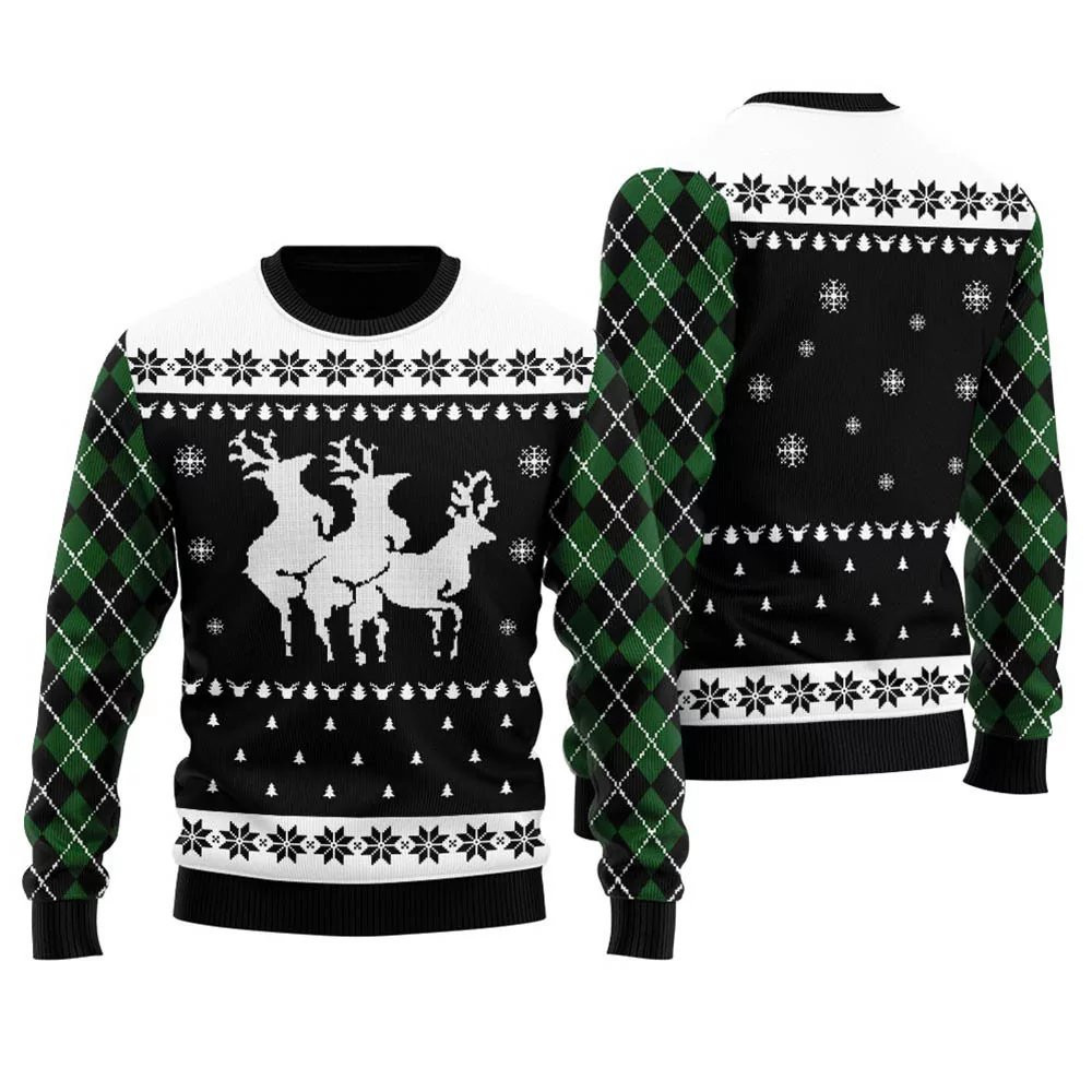 Naughty Reindeer Threesome Ugly Christmas Sweater Black