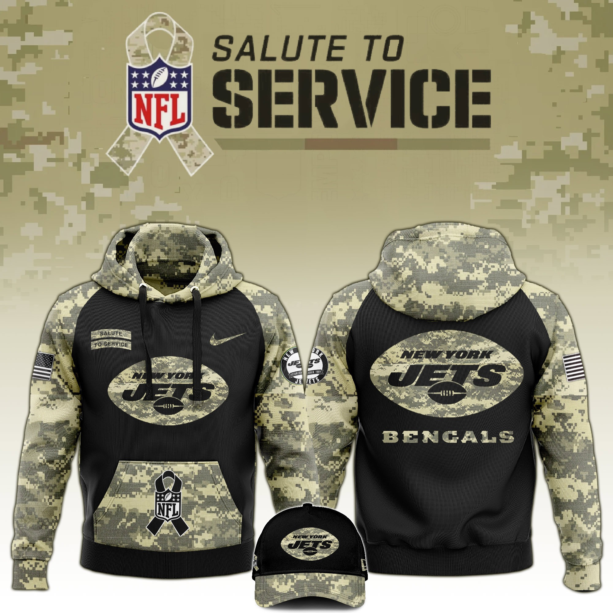 New York Jets Salute to Service Club Camo Hoodie And Hat Jets Merch