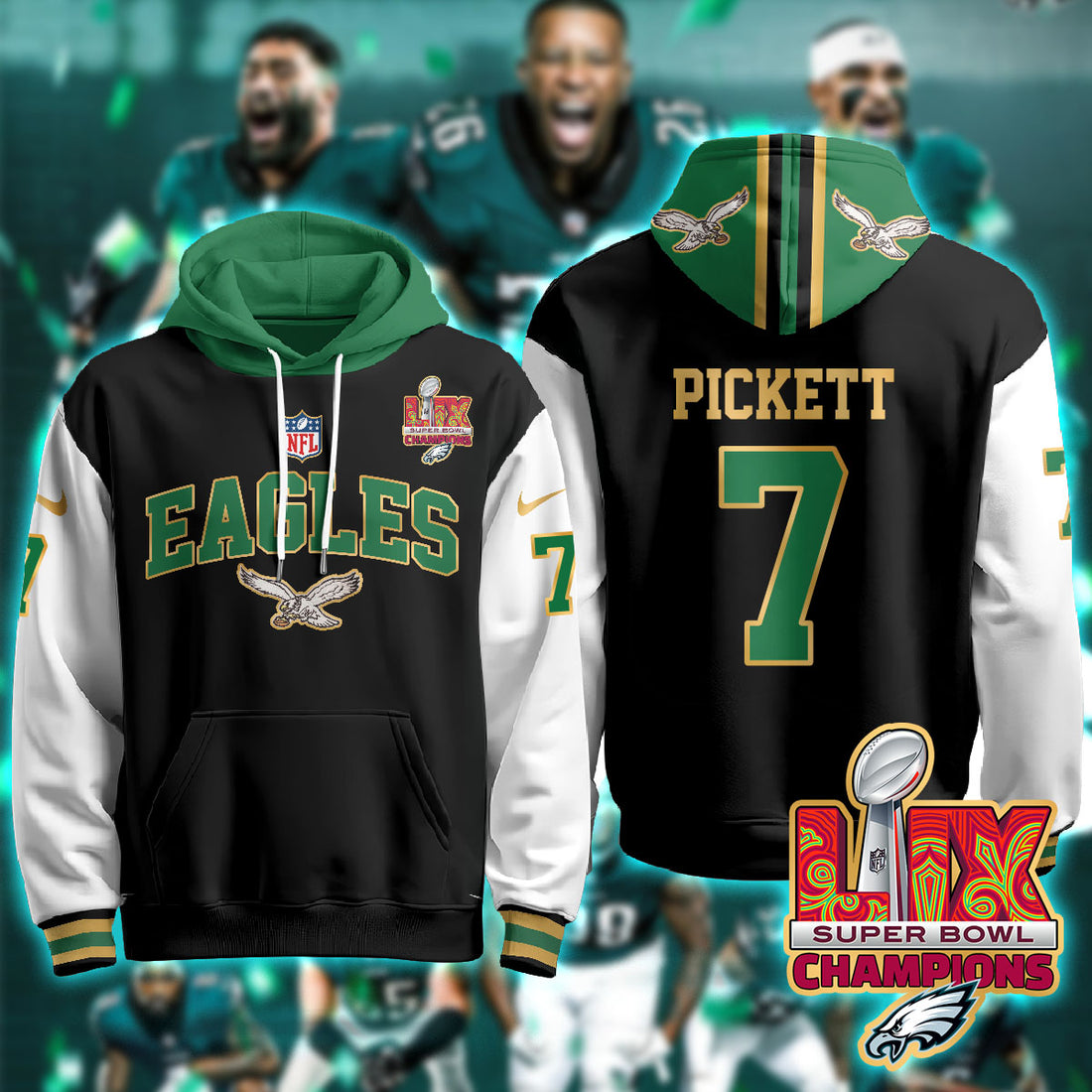 Philadelphia Eagles Pickett 7 Super Bowl LIX Champions Gold Black Alternate Hoodie