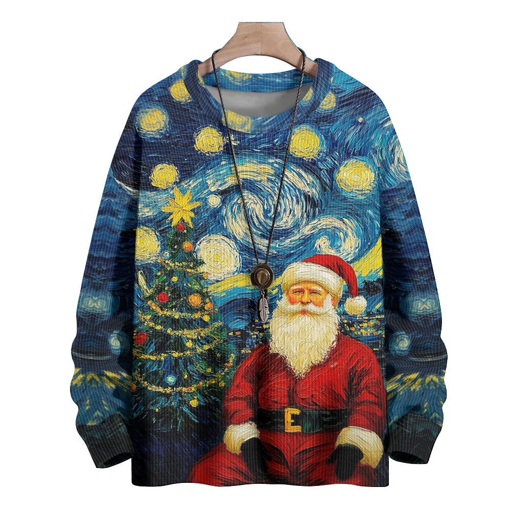Portrait of Santa and Christmas Tree in Van Gogh Style Knitted Sweater