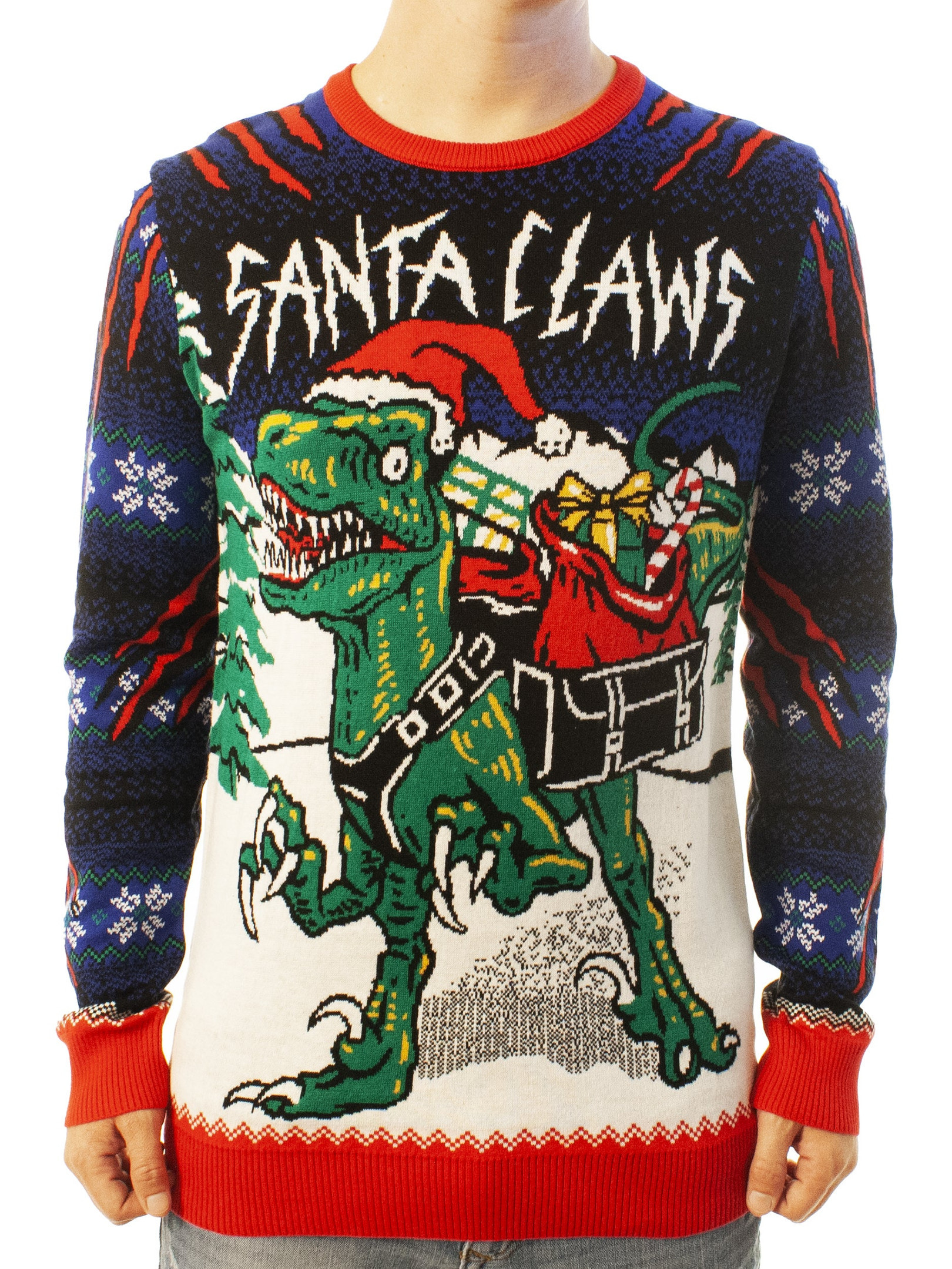 Santa Claws ride Dino and Gift Ugly Christmas Sweater