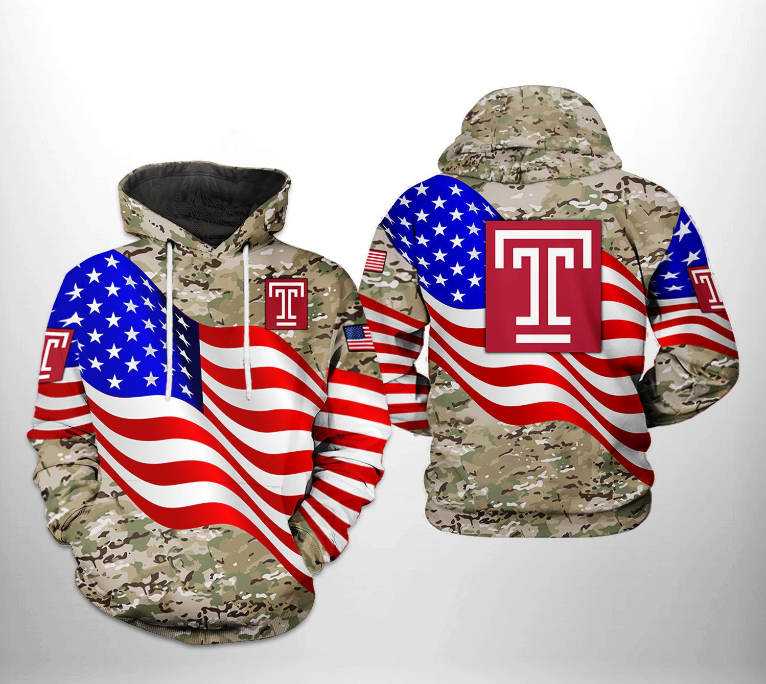 Temple Owls NCAA US Flag Camo Veteran Hoodie Zip Hoodie