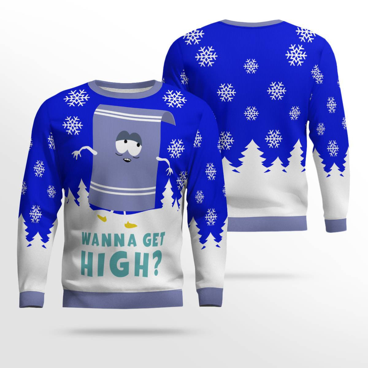 Towelie Red Eyes Wanna Get High Ugly Christmas Sweater Blue